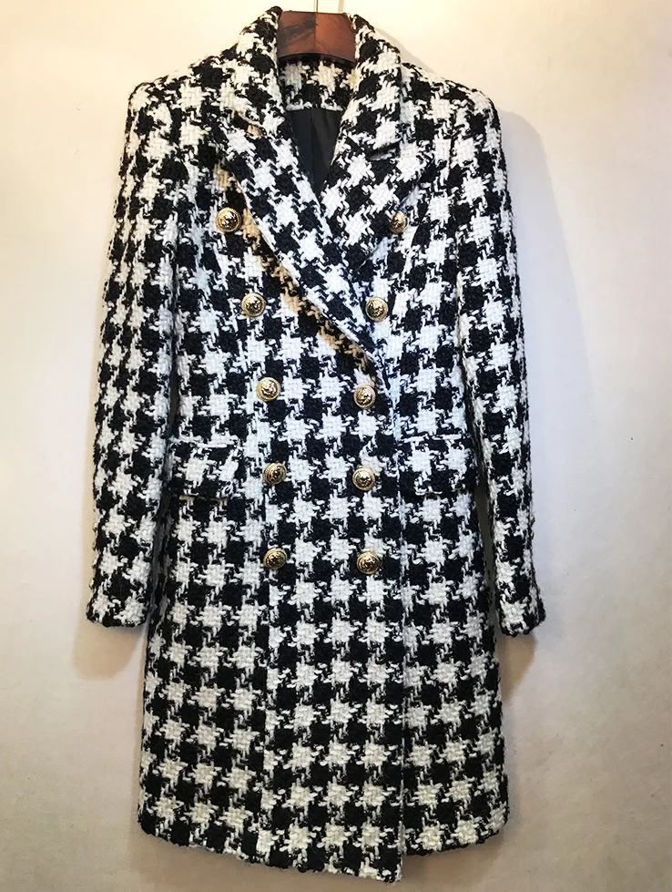 

Europe&America women's double-breasted plaid tweed coat 2019 Fall/winter high quality houndstooth overcoat women B068