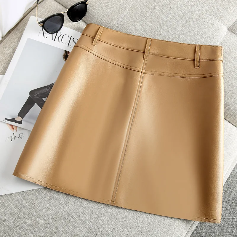 

2020 Skirts Womens Pockets A Line Autumn Winter High Waist Genuine Leather Short Skirt Elegant Red Black Khaki Solid Color