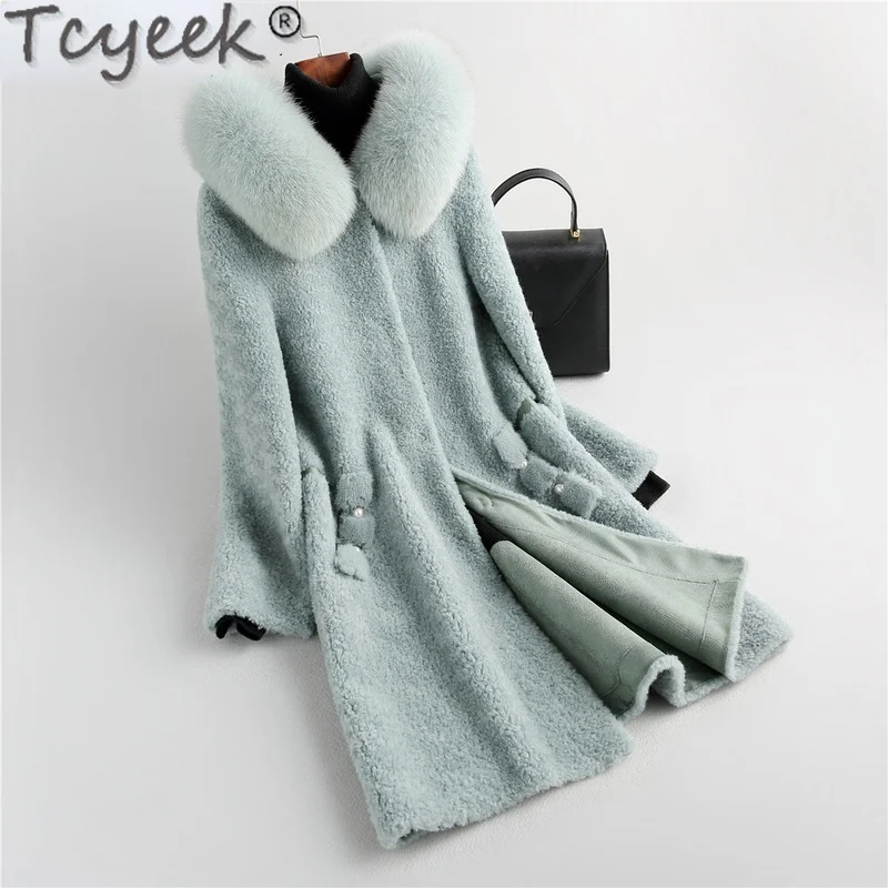 

Tcyeek 2021 Hooded Big Fox Fur Collar Coat Women Winter 100% Real Sheep Shearing Jacket Female Overcoat Casaco Feminino Gxy889