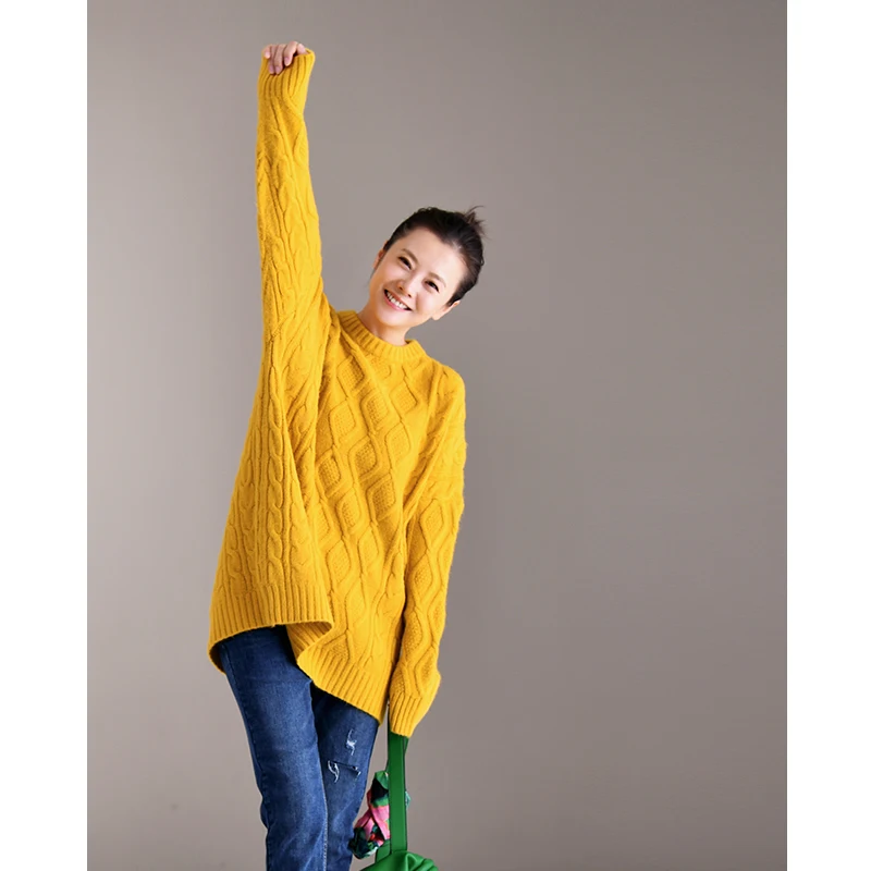 yellow M9610 художественный и свежий многоцветный свитер с высоким воротником, свободный и толстый переплетенный с розочками - Цвет: yellow