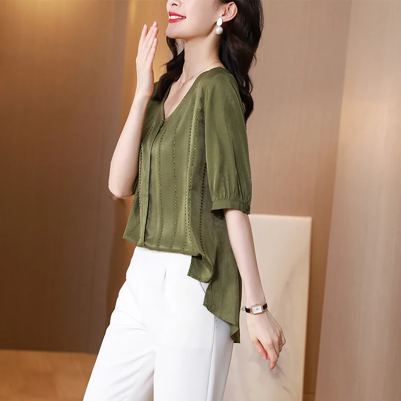 

Женский топ из хлопка и льна TingYiLi, Повседневная Свободная блузка с V-образным вырезом и бисером спереди, элегантные топы зеленого и темно-син...
