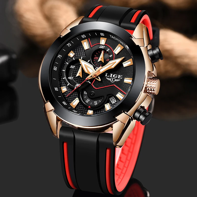 Часы наручные мужские с силиконовым ремешком водонепроницаемые кварцевые