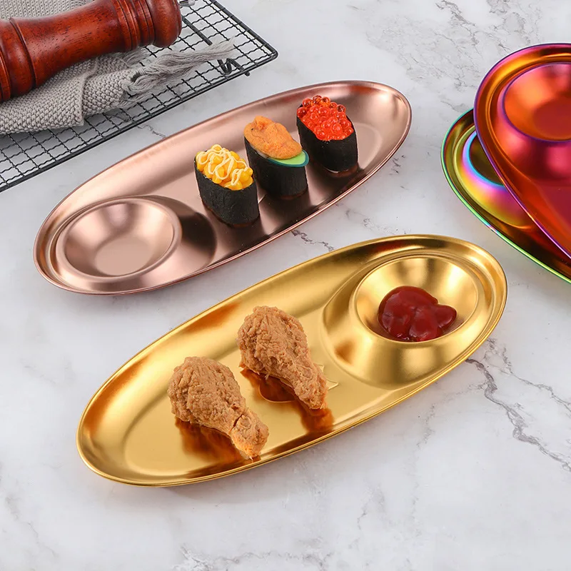 

304 stainless steel egg-shaped plate with sauce plate household kitchen dual-purpose jiaozi plate dip plate