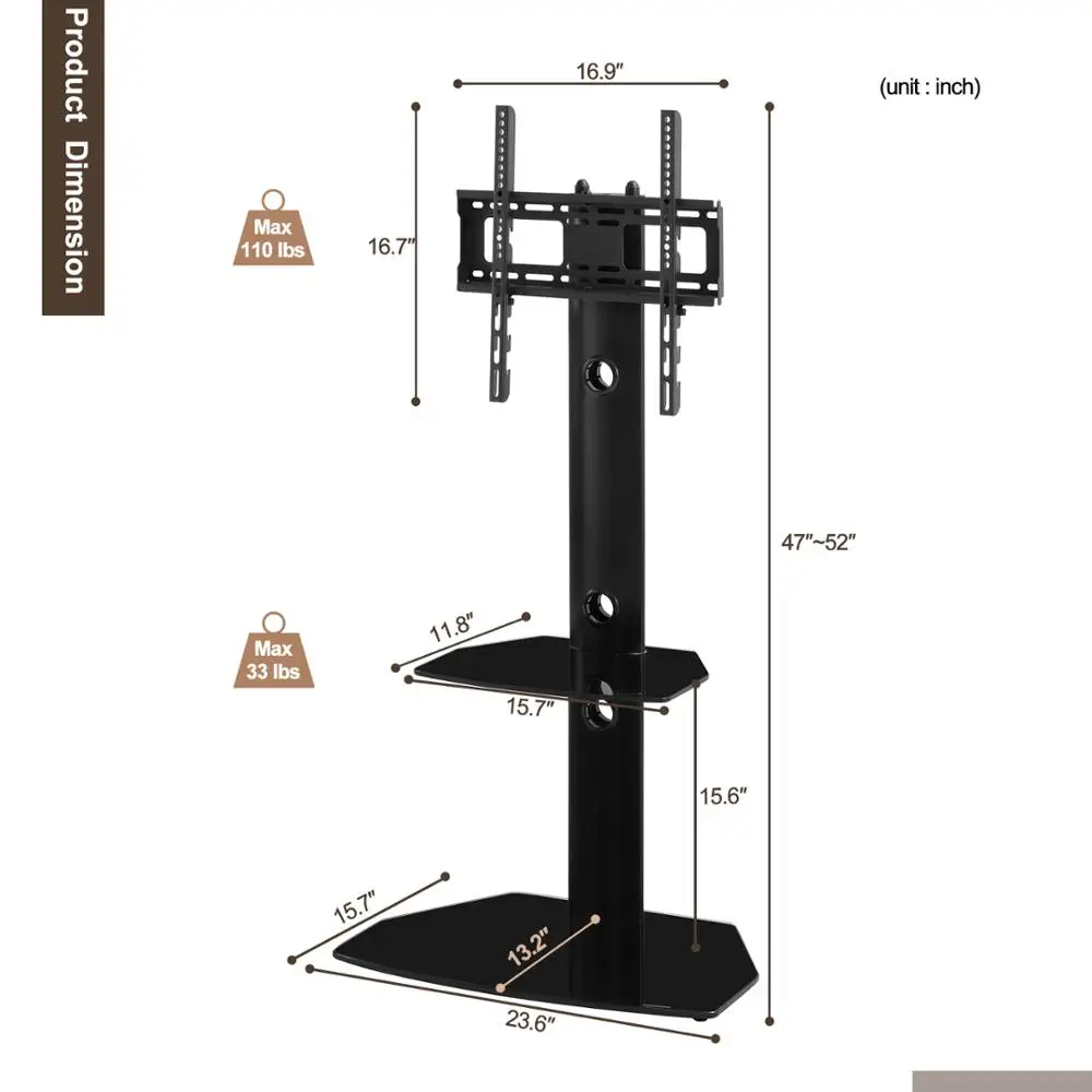 

Height And Angle Adjustable Multi-Function Tempered Glass Metal Frame Floor TV Stand For 32~55inch LCD TV Plasma TV Panel TV