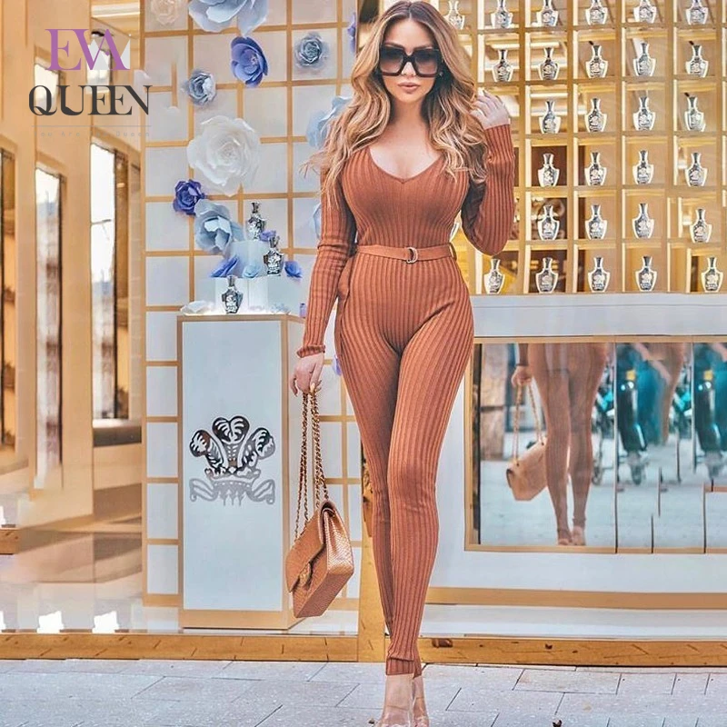 Женский ребристый комбинезон EvaQueen однотонный с длинным рукавом и треугольным