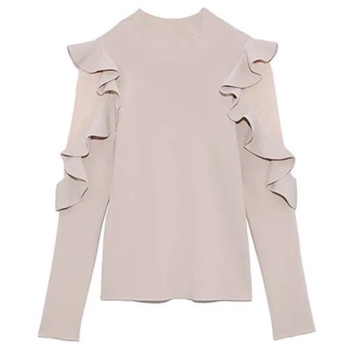 

O Neck Pullover Long Sleeve Knit Sweater Women Ruffles Patchwork Slim Fit Pull Femme Spring 2021 New