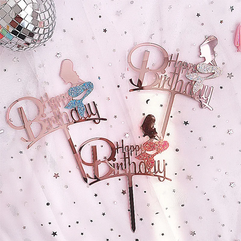 

New Mermaid Happy Birthday Cake Topper Rose Gold Acrylic Cake Toppers Flag Decoration Baby Shower Birthday Party Cakes Supplies