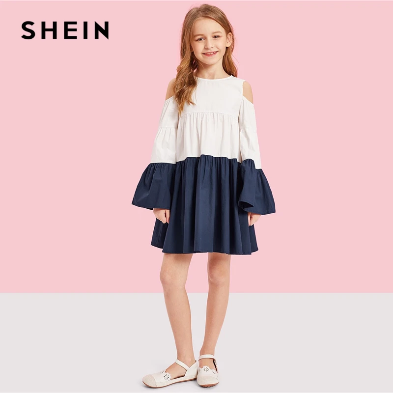 SHEIN Kiddie/многослойное платье с цветным блоком и открытыми плечами для девочек г., Осенний рукав-волан, трапециевидные платья для подростков