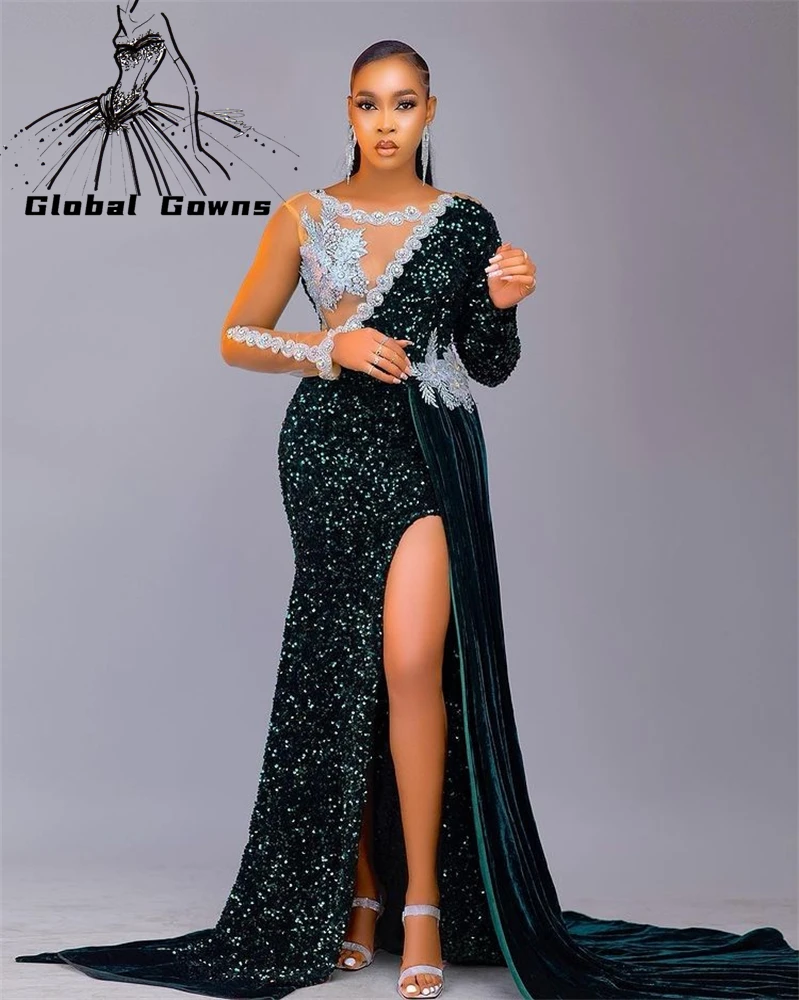 

2022 Appliques Evening Dress Sexy Beaded Birthday Party Gowns High Slit Celebrity Gown African Nigeria Mermaid Robe De Soiree