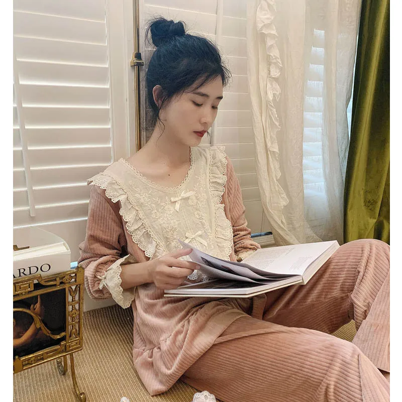 Зима 2019 Женский утепленный Пижамный костюм Женская фланелевая Коралловая