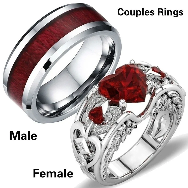 

TWO RINGS Size 6-12 Charm Couples 316L Titanium Steel Men's Ring Ruby Women's Wedding Bands