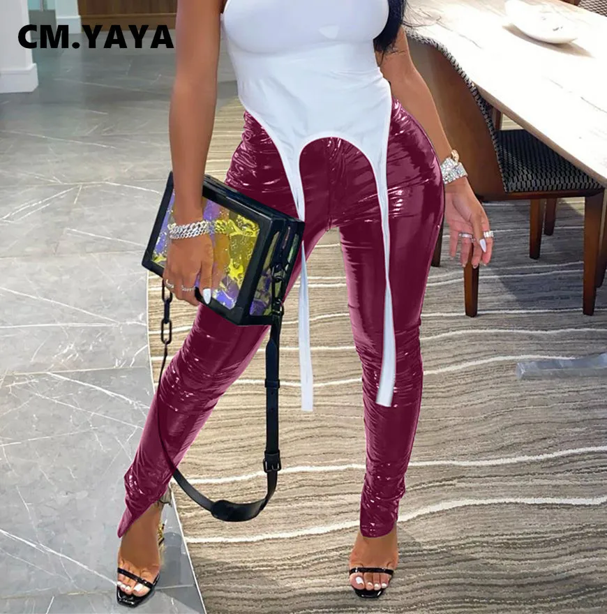 Женские расклешенные брюки CM.YAYA из искусственной кожи с молнией и разрезом