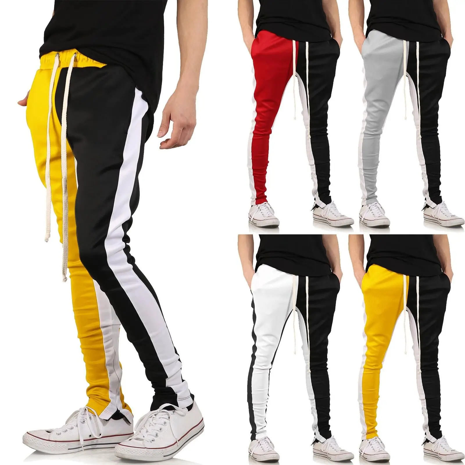 Мужские Slim Fit Пот Штаны Drawstring полосатый спортивный Штаны Цвет Блок Лоскутная Бег Брюки спортивные хип-хоп брюки повседневные штаны