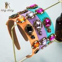 king shiny vintage barpque color geometric crystal headband elegant imitation pearl beaded fabric hairband girls party headpiece