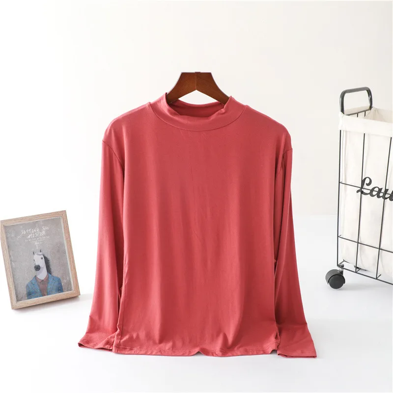 

Modal women's round neck small high neck bottoming shirt large size long-sleeved T-shirt with a slim solid color knitted top