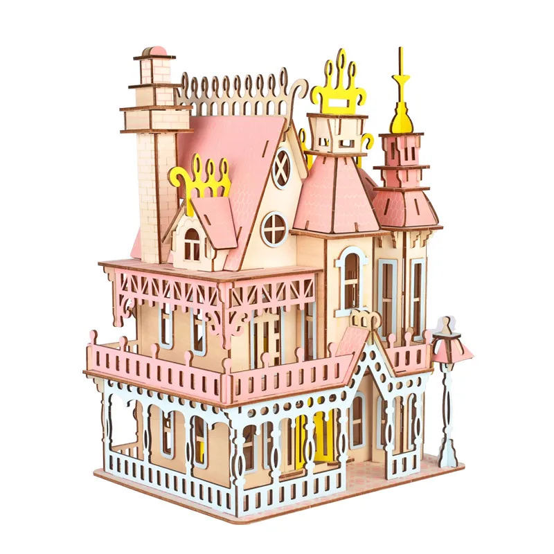 

3D Wooden Puzzle DIY Toy Pink Fantasy Dream House Villa Building Construction Hand Work Girl Birthday Christmas Gift 1pc