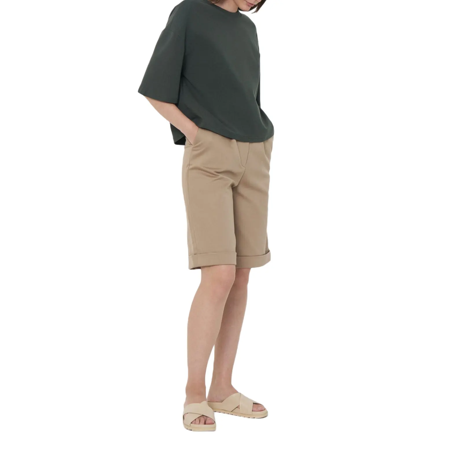 

2021 Women Straight-leg Shorts, Solid Color High Waist Loose Style Pants with Pockets, S/ M/ L/ XL