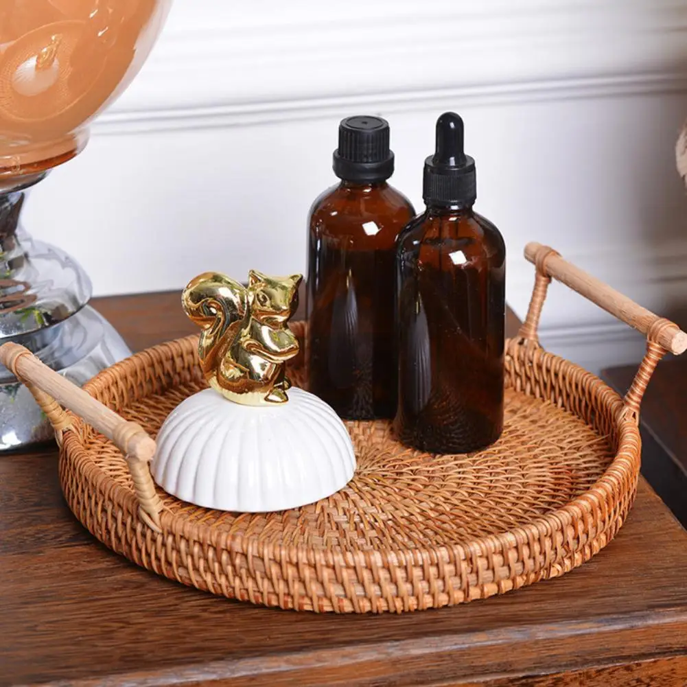 

Hand-Woven Round Rattan Tray Fruit Snacks Storage Basket Organizer with Handle For Breakfast Drink Coffee Tea Home Decoration