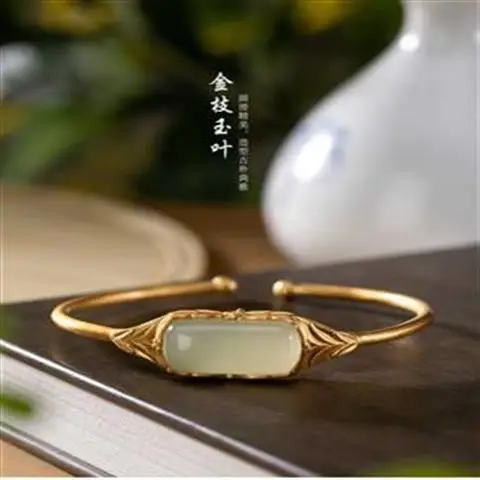 

Half Night Song. Retro Style Hetian Jade Bangle Bracelet Sterling Silver Golden Gilt Color Mosaic Jade Adjustable Opening Leaves