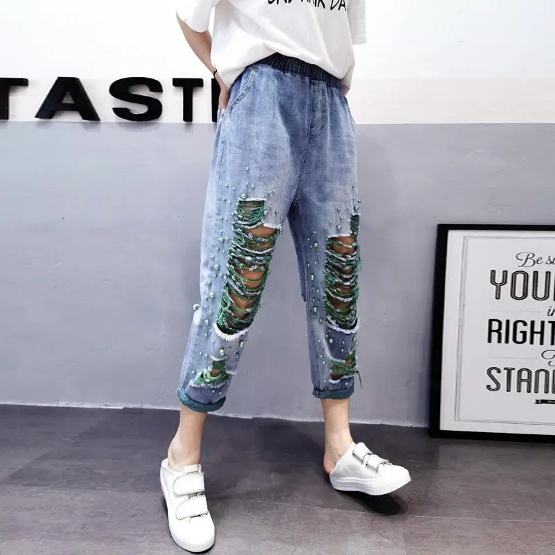 

Korean High Waist Harem Jeans Fashion Beading Embroidery Ripped Hole Denim Pants Women Summer Elastic Waist Loose Cross Trousers