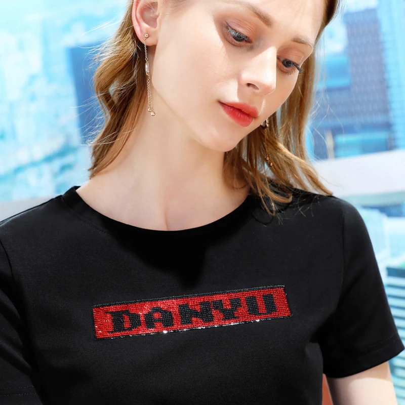 

Black sexy Short-sleeved Female Summer New Sequined Letter Cotton T-shirt Thin Round Neck Slim Korean fashion clothing Top