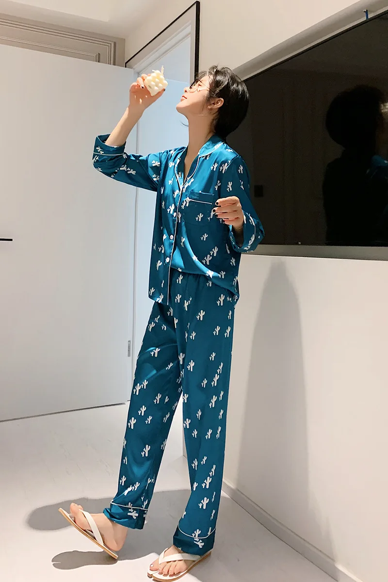 Женская синяя атласная пижама Повседневная рубашка с отложным воротником и