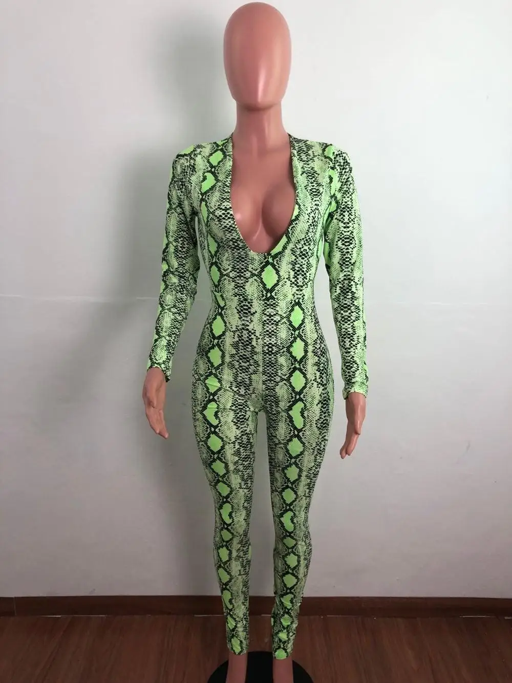 

ZITY Vintage Skinny Women Jumpsuits Long Sleeve Deep V Neck Jumpsuit Cotton Fabric Pattern Snakeskin Bodysuits