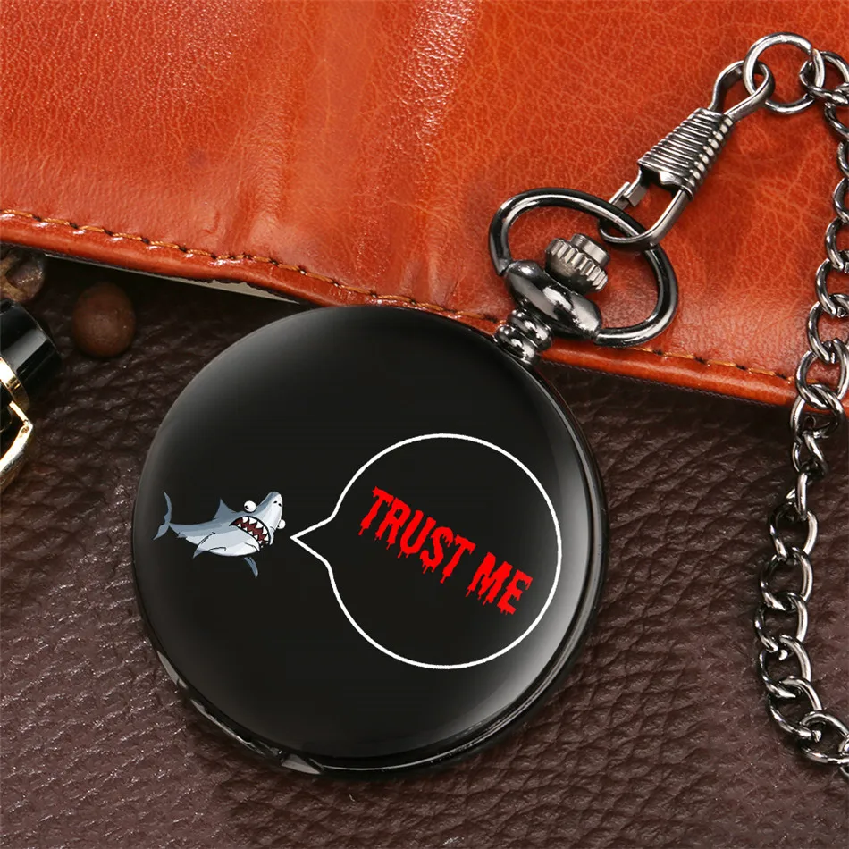 

Trust Me Shark Pattern Printed Antique Pocket Watch Smooth Black Arabic Numerals Dial Full Hunter Pocket Chain Pendant Clock