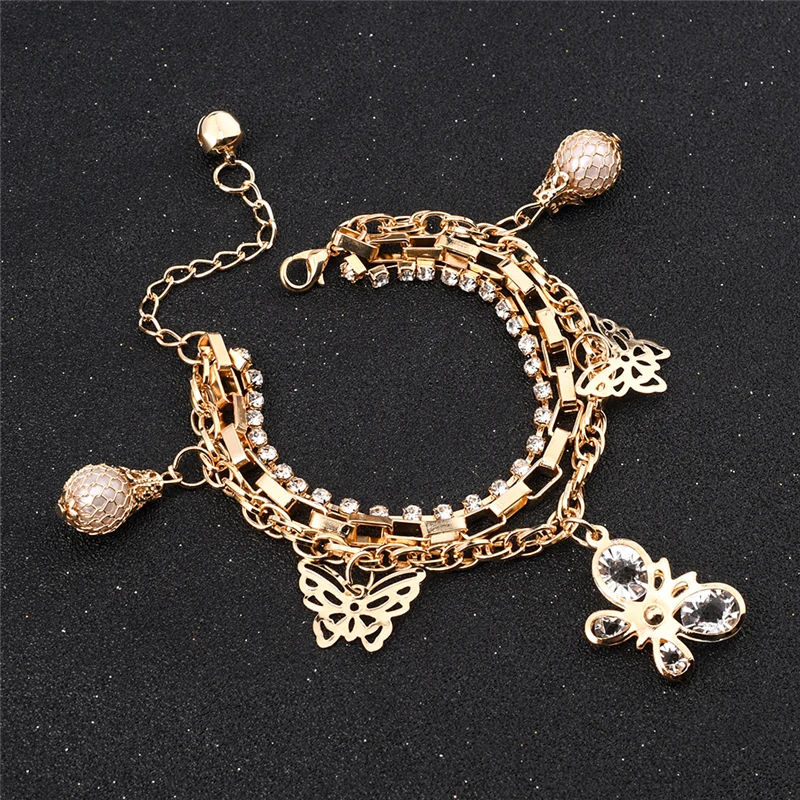 

ZZZYOUP Flower Leaves Heart Butterfly Star Multi-layer Bracelets Gold Color Crystal Pearls Jewelry Luxury Chains Bracelet