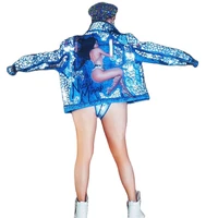 shining mirror sequins blue printing outfit bodysuit coat three piece suit theatrical costume for women uniform costumes