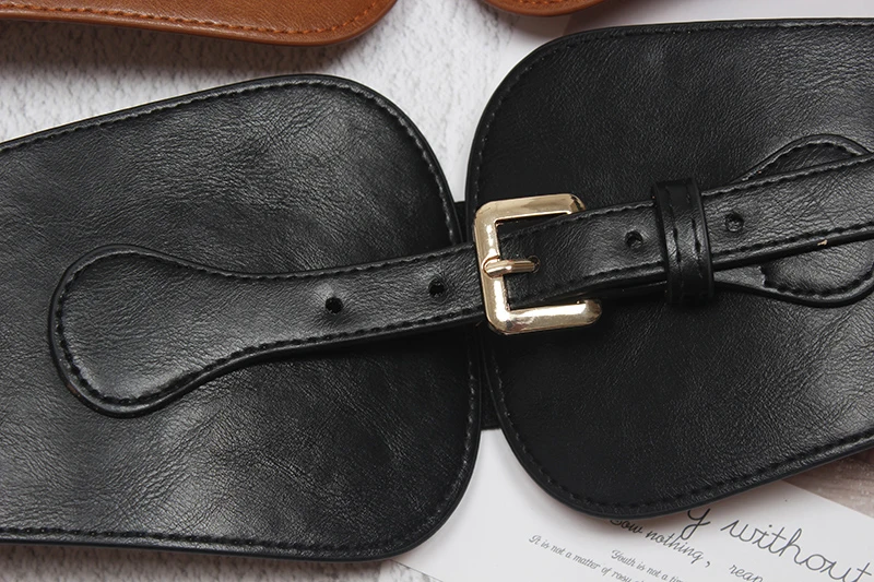 

[EAM] Pu Leather Black Irregular Elastic Wide Belt Personality Women New Fashion Tide All-match Spring Autumn 2021 1DA363