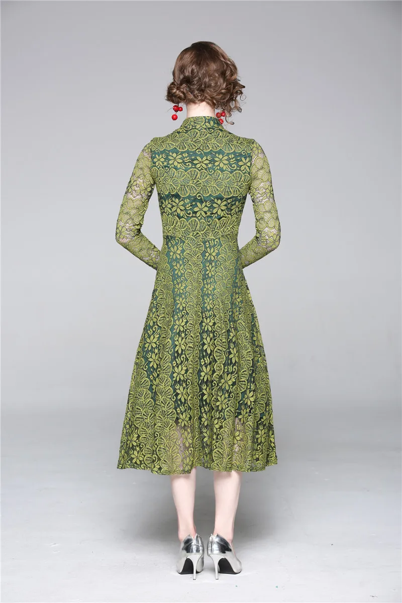

Autumn Designer Elegant Women Dress Ladies Sexy Lace Shirt Dress Female Vintage Office Party Robe Green Dresses Vestido