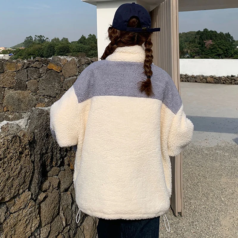 

Women Hoodies thick fleece Hoodies new zip-up patchwork cute Autumn Winter girls Loose coat