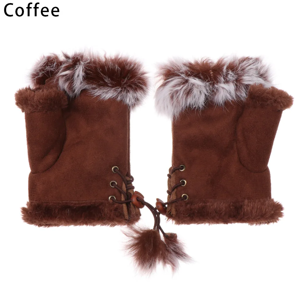coffee 1 пара модные замшевые кожаные перчатки меховая ткань запястья митенки без пальцев для женщин высокого качества половина пальца Женские варежки - Цвет: coffee