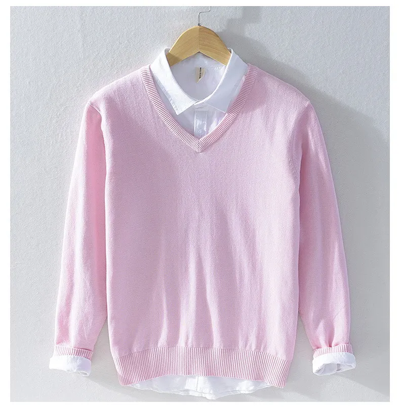 Мужской вязаный свитер с длинным рукавом брендовый Однотонный из 100% хлопка