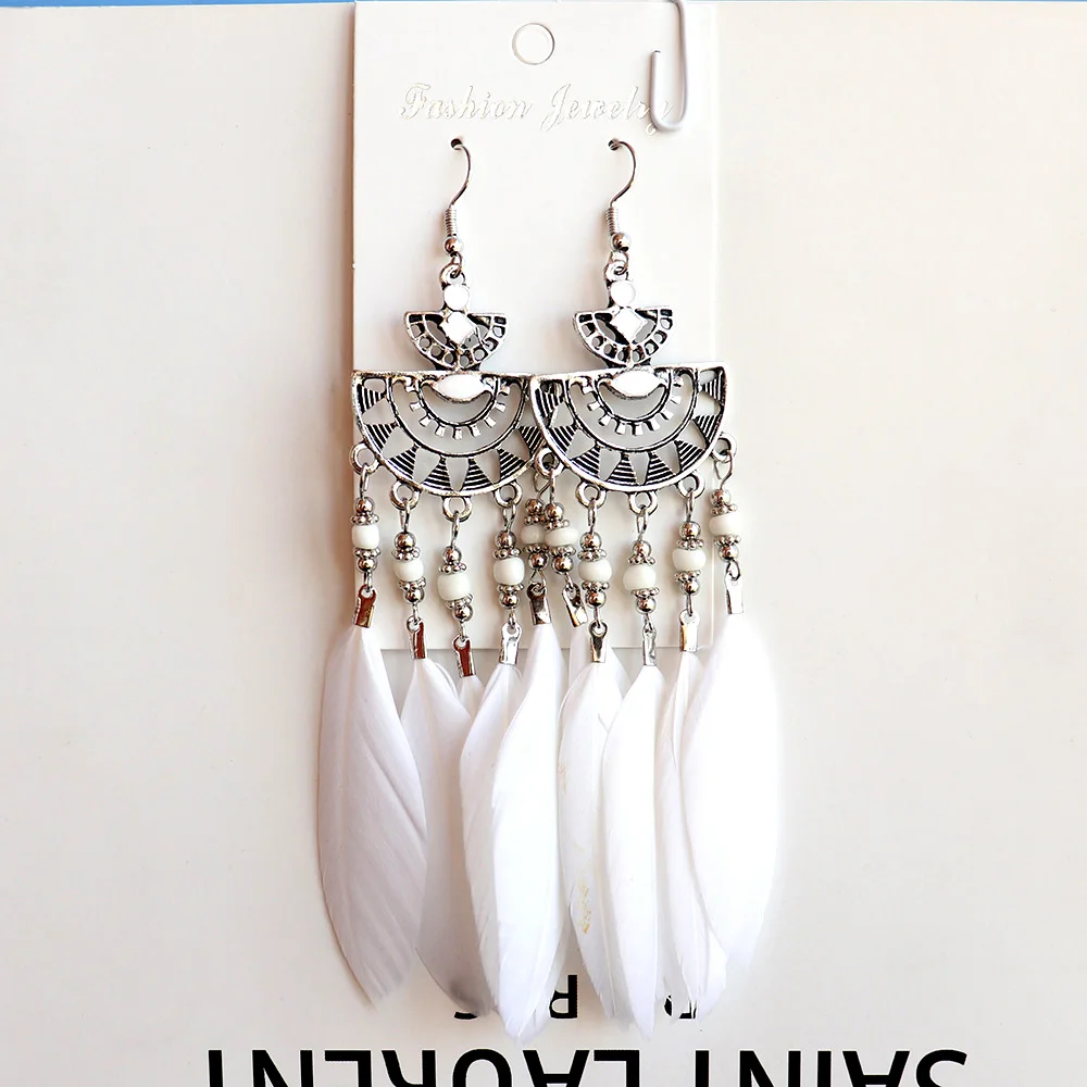 Винтажный этнический богемный висячие серьги с листьями и перьями белые