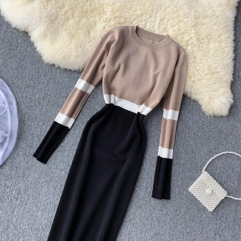 ALPHALMODA осенне-зимнее женское трикотажное платье хит цвета новое ретро с высокой талией цветное с длинным рукавом тонкое трикотажное цельное платье