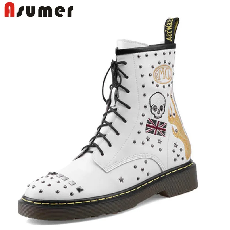 

ASUMER 2022 new ankle boots for women round toe zip genuine leather boots rivet ladies prom autumn winter motorcycles boots