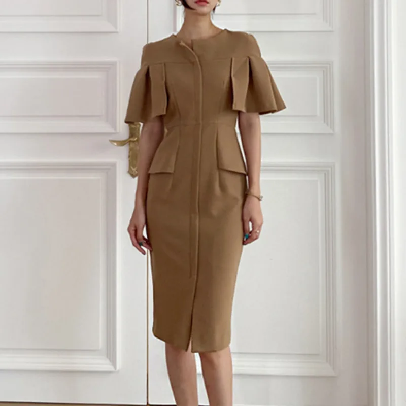 

Women Vintage Casual Pleated Slim Dress New Round Neck Flying Sleeve Loose Fit Fashion Tide Spring Summer 2021 Z454