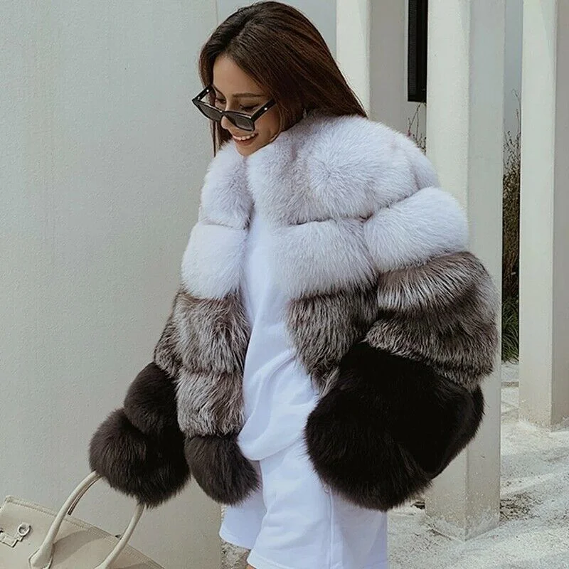 Winter New Real Fox Fur Jacket with Stand Collar Women Fashion Full Pelt Genuine Fox Fur Coat Female Outwear Trendy Fur Overcoat