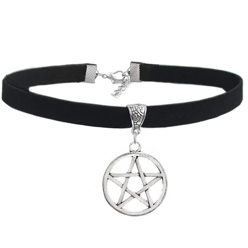 

1pcs Fashion Jewelry Choker Necklace Black 10mm Flat Faux Suede Cord Pentagram Star Charm 13" Choker Necklace