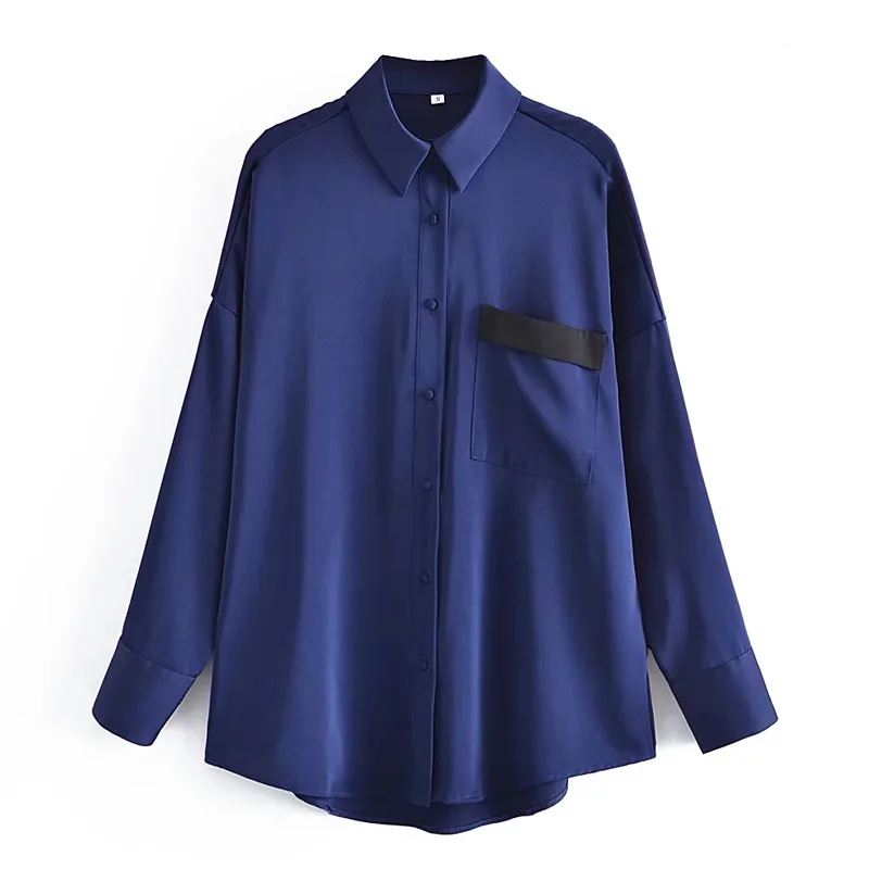 

TRAF Women Blue Oversized Shirts Autumn Loose Solid Single Button Casual Blouses Long Sleeve Top Elegant Office Lady Shirt