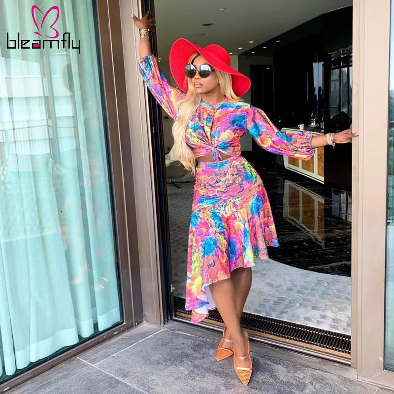 Женский осенний костюм с принтом Галактики длинным рукавом и круглым вырезом топ