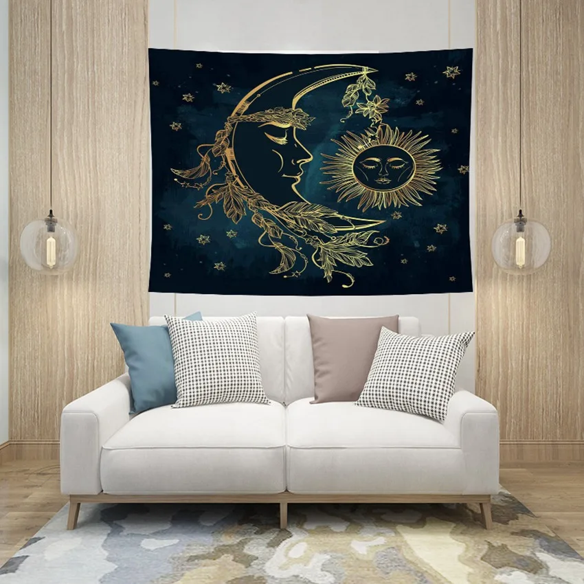 

Гобелен, Настенная ткань, мистик, черно-белые Гобелены с солнцем и луной, горение солнца со звездой, психоделический астрологический гобеле...