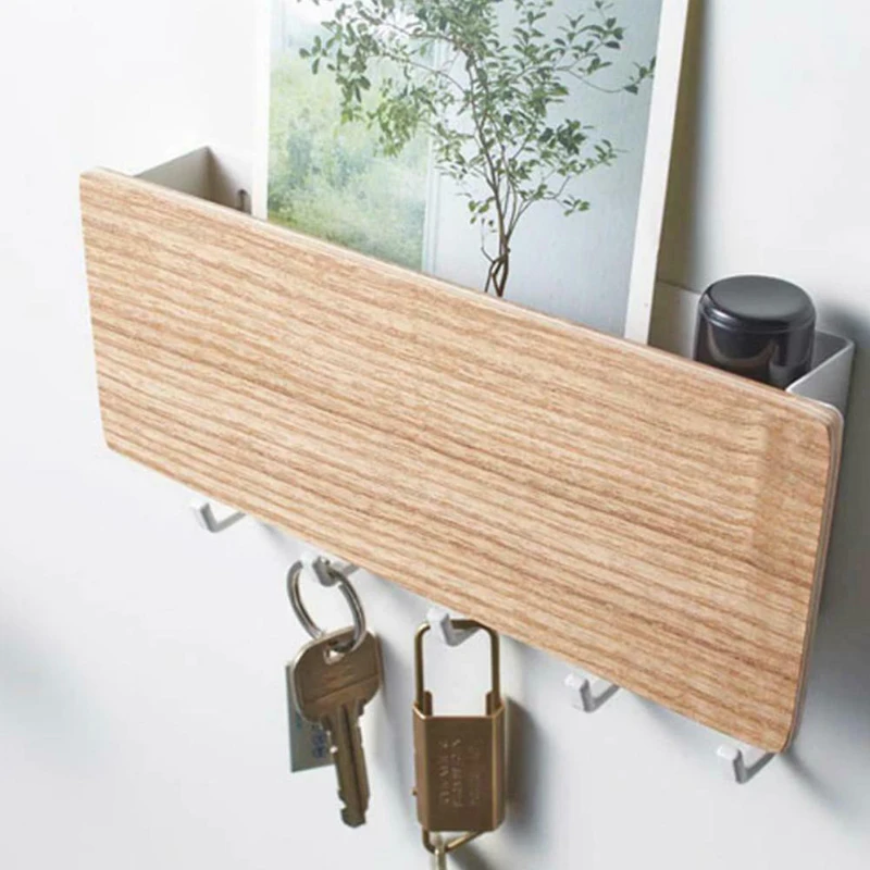 

Wall-Mounted Key Holder Creative Non-Perforated Key Hanger Metal Hooks Rack Multifunctional Solid Wooden Storage Rack Wall Decor