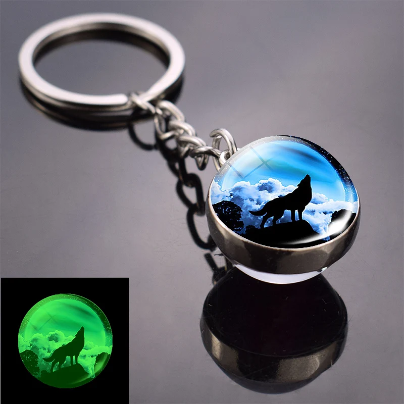 As show 20 Glow in Dark Jewelry Howling Wolf Keychain Wolf Luminous Glass Cabochon Pendant Keyring Double Side Glass Ball Keychain - Цвет: As show 20