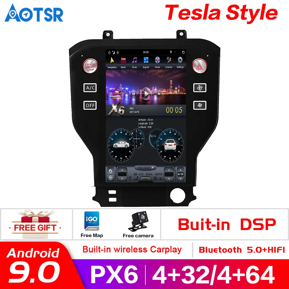 

AOTSR Android 9.0 Tesla style PX6 Carplay Vertical screen Car GPS Navigation For Ford Mustang 2015-2020 Multimedia radio Player