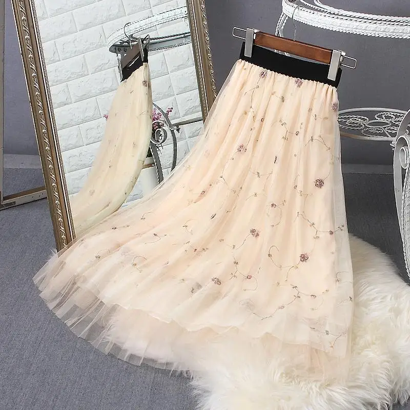 

2020 Spring and Summer Mesh Small Floral Lace Skirt Embroidered Pleated Skirt Woman Skirts Mujer Faldas Saias Mulher