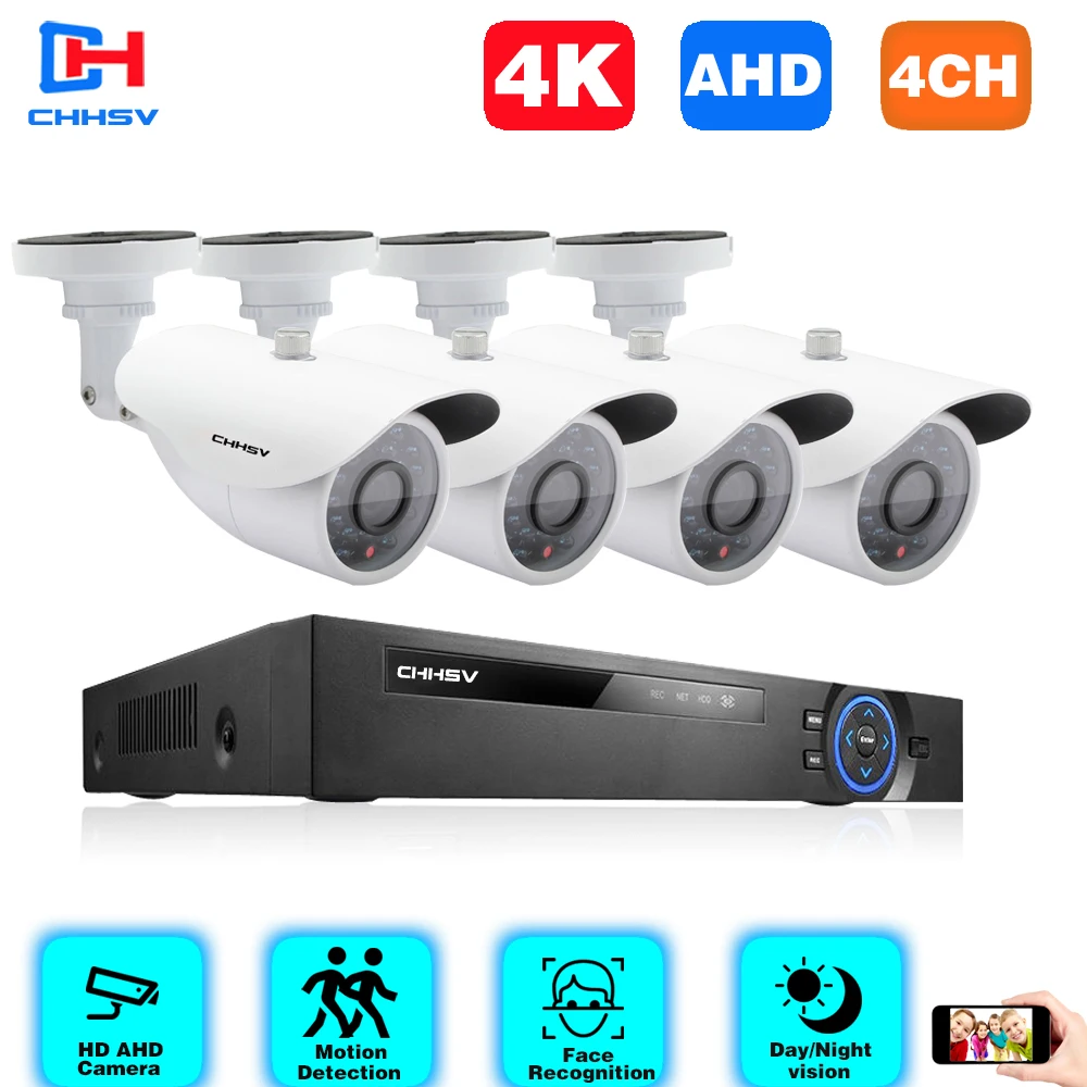 

Система видеонаблюдения CHHSV, 4 канала, 4 к, HD, 4 канала, DVR, 4 водонепроницаемых камеры 8 Мп, комплект камер видеонаблюдения