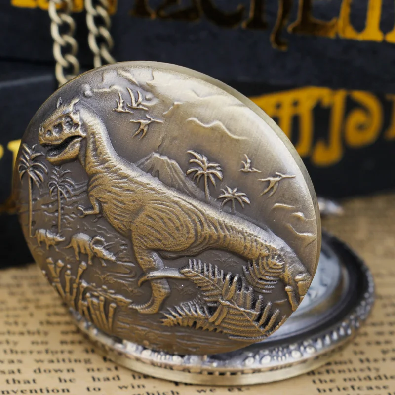 

Изысканные кварцевые карманные часы с резьбой в виде динозавра, винтажные бронзовые мужские и женские детские часы, подарок с подвеской